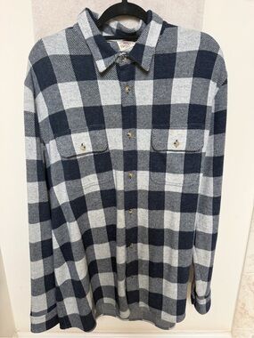 Faherty Brand Mens XXL Legend Sweater Shirt Buffalo Plaid Navy Blue Grey Flannel